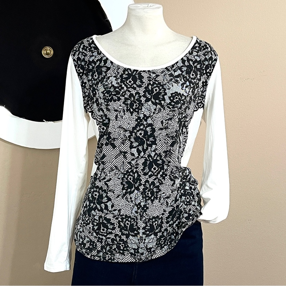 Ann Taylor Long Sleeve Top | Size Large | White & blak with Lace-Style